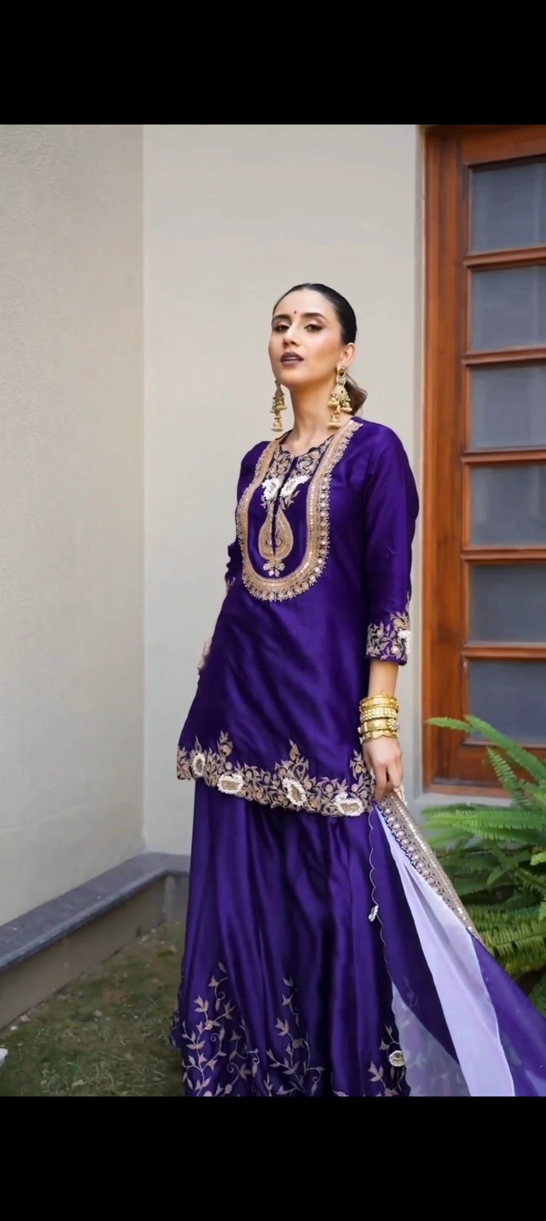 Purple Chinon Embroidered Kurti Set with Sharara & Dupatta for Women