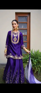 Purple Chinon Embroidered Kurti Set with Sharara & Dupatta for Women