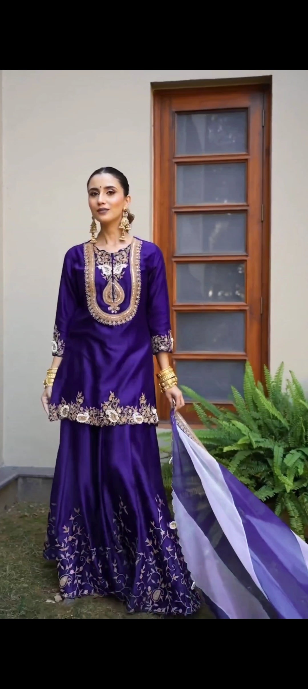 Purple Chinon Embroidered Kurti Set with Sharara & Dupatta for Women