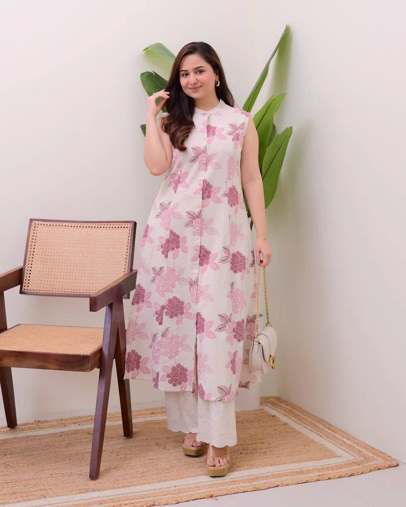 Pink Cotton Floral Printed Kurta Set with Pant for Women