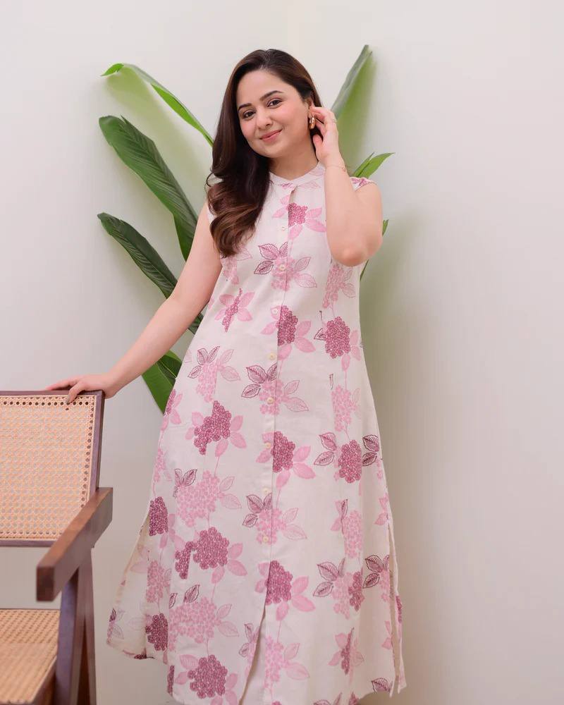 Pink Cotton Floral Printed Kurta Set with Pant for Women