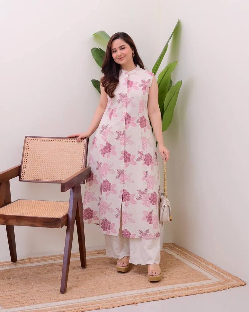 Pink Cotton Floral Printed Kurta Set with Pant for Women
