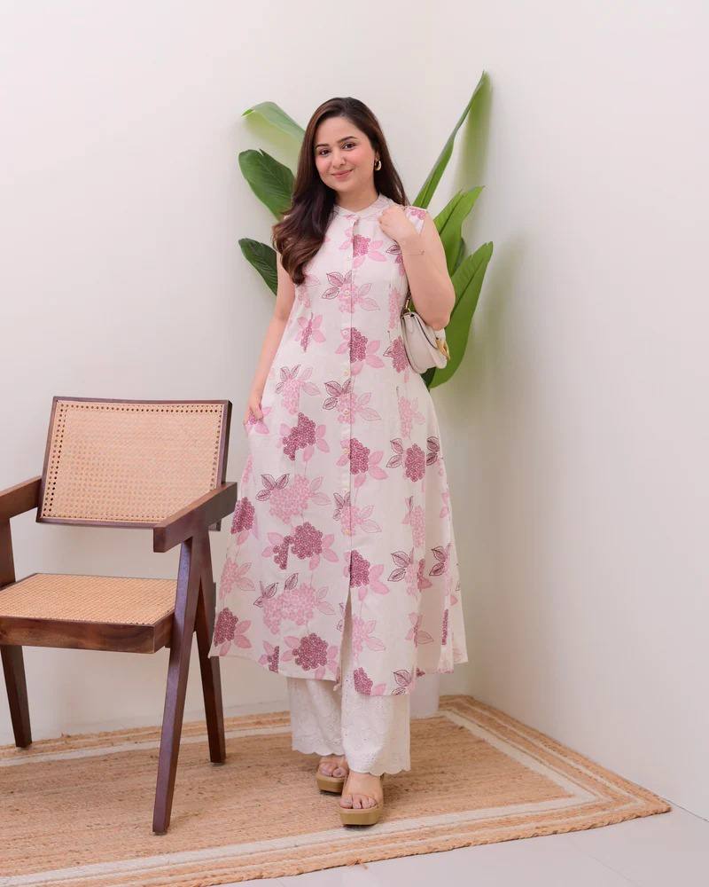 Pink Cotton Floral Printed Kurta Set with Pant for Women