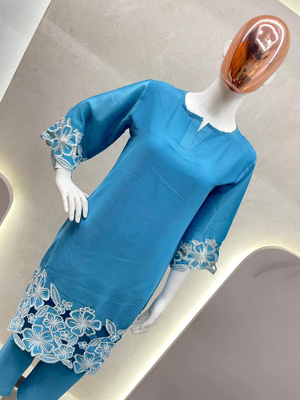 Blue Chinon Embroidered Co-Ord Set for Women