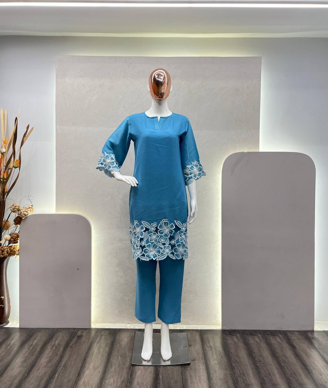 Blue Chinon Embroidered Co-Ord Set for Women