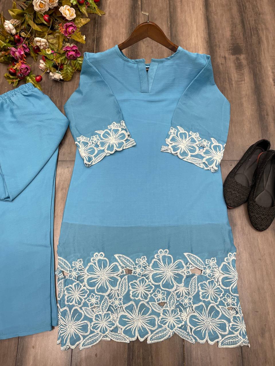 Blue Chinon Embroidered Co-Ord Set for Women