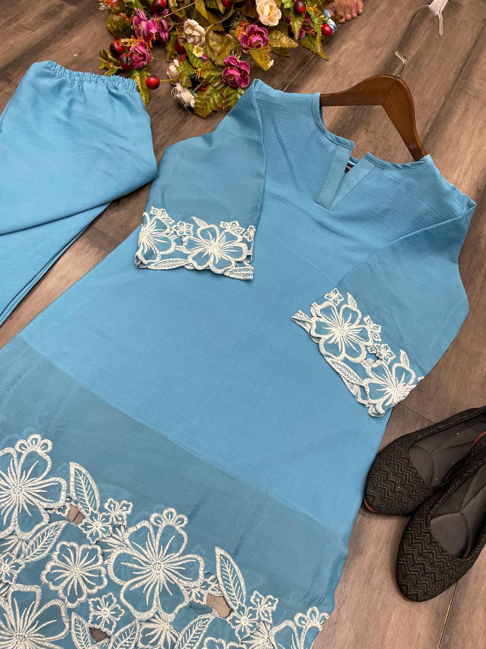 Blue Chinon Embroidered Co-Ord Set for Women