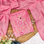 Pink Chanderi Floral Embroidered Kurti Set with Pant & Dupatta for Women