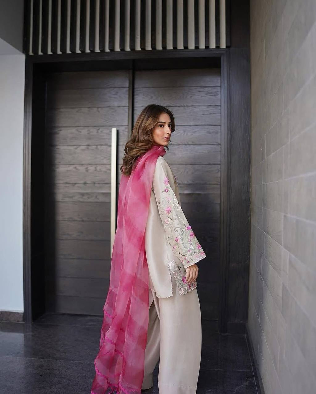 Cream French Crepe Embroidered Farsi Salwar Suit with Pant & Organza Dupatta for Women