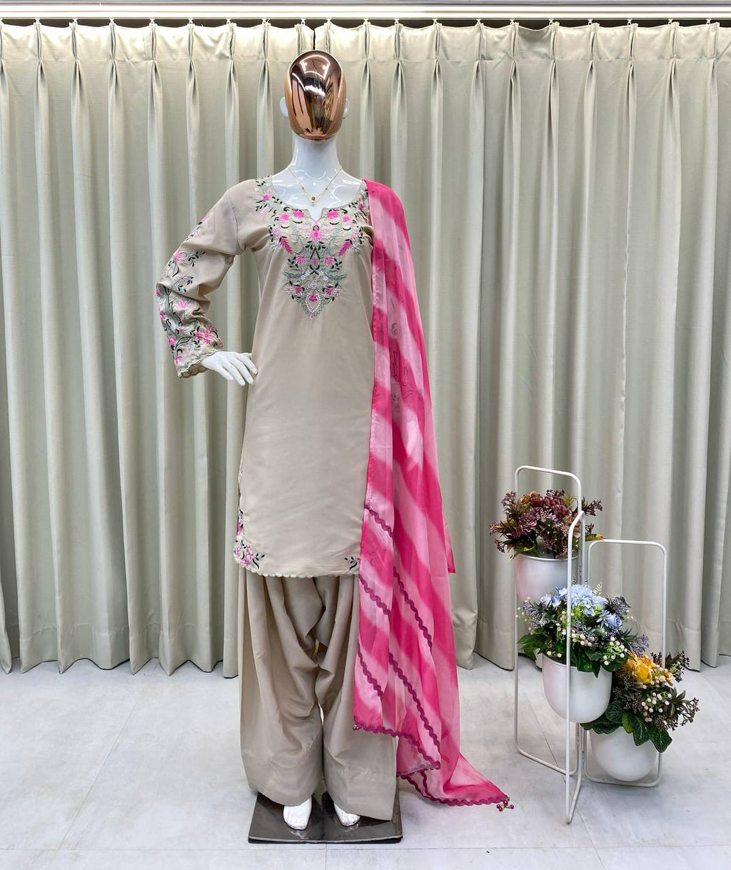 Cream French Crepe Embroidered Farsi Salwar Suit with Pant & Organza Dupatta for Women