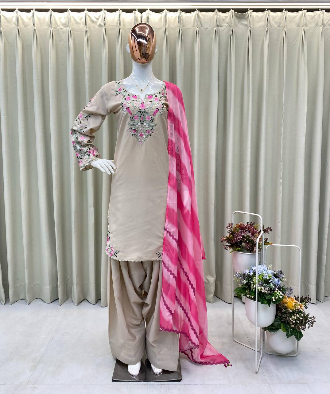 Cream French Crepe Embroidered Farsi Salwar Suit with Pant & Organza Dupatta for Women