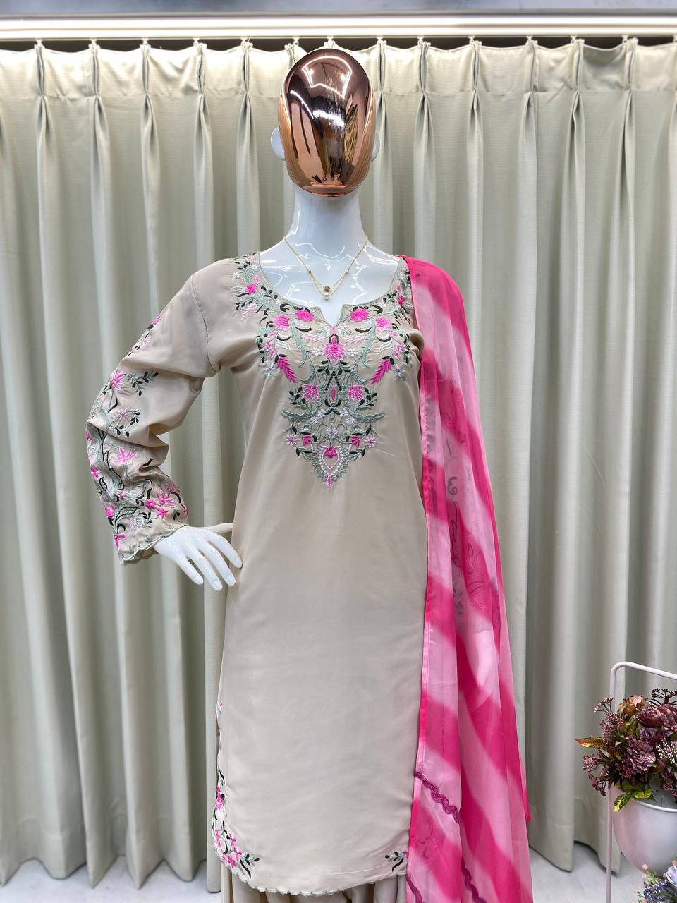 Cream French Crepe Embroidered Farsi Salwar Suit with Pant & Organza Dupatta for Women