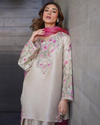 Cream French Crepe Embroidered Farsi Salwar Suit with Pant & Organza Dupatta for Women