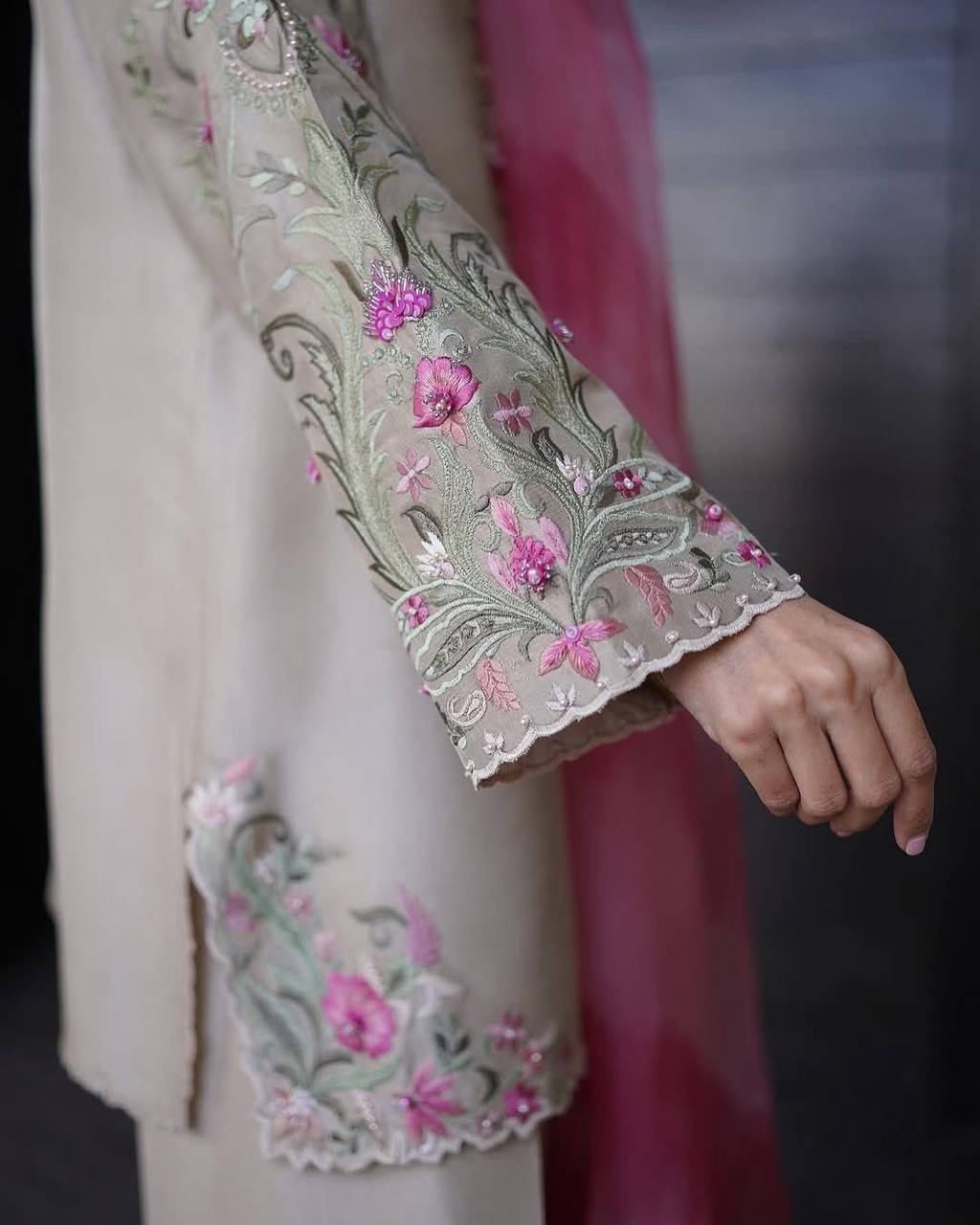 Cream French Crepe Embroidered Farsi Salwar Suit with Pant & Organza Dupatta for Women