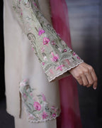 Cream French Crepe Embroidered Farsi Salwar Suit with Pant & Organza Dupatta for Women
