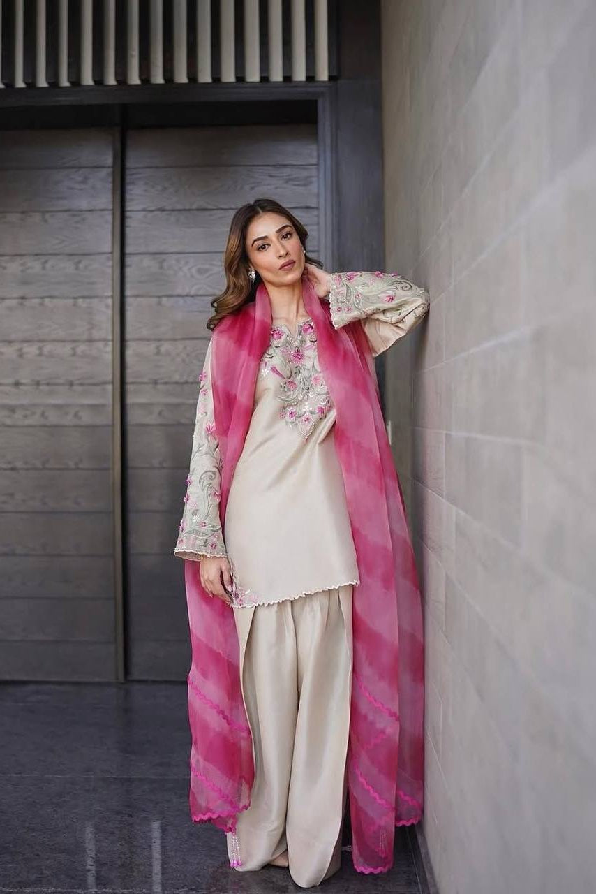Cream French Crepe Embroidered Farsi Salwar Suit with Pant & Organza Dupatta for Women