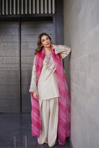 Cream French Crepe Embroidered Farsi Salwar Suit with Pant & Organza Dupatta for Women
