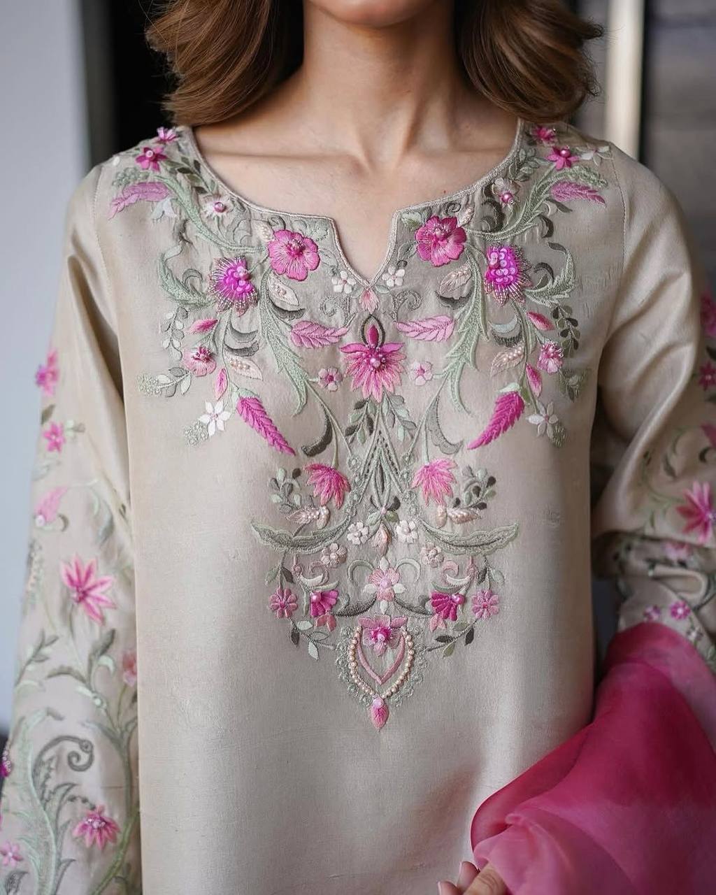 Cream French Crepe Embroidered Farsi Salwar Suit with Pant & Organza Dupatta for Women