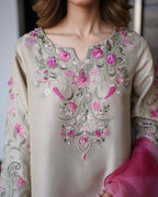 Cream French Crepe Embroidered Farsi Salwar Suit with Pant & Organza Dupatta for Women
