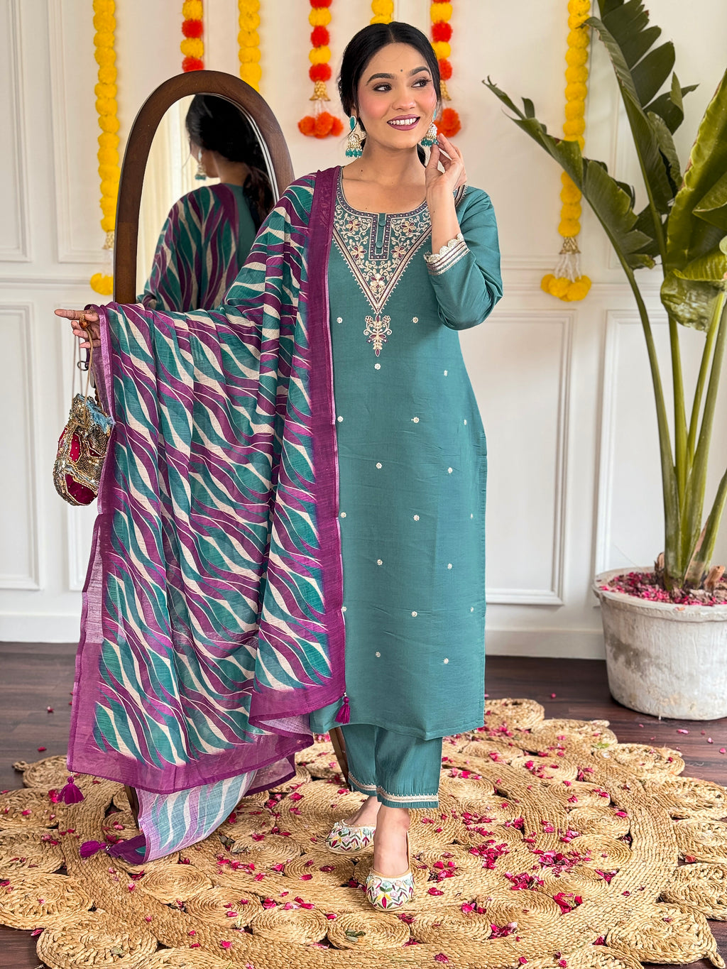 Teal Green Chanderi Embroidered Kurti Set with Pant & Dupatta for Women