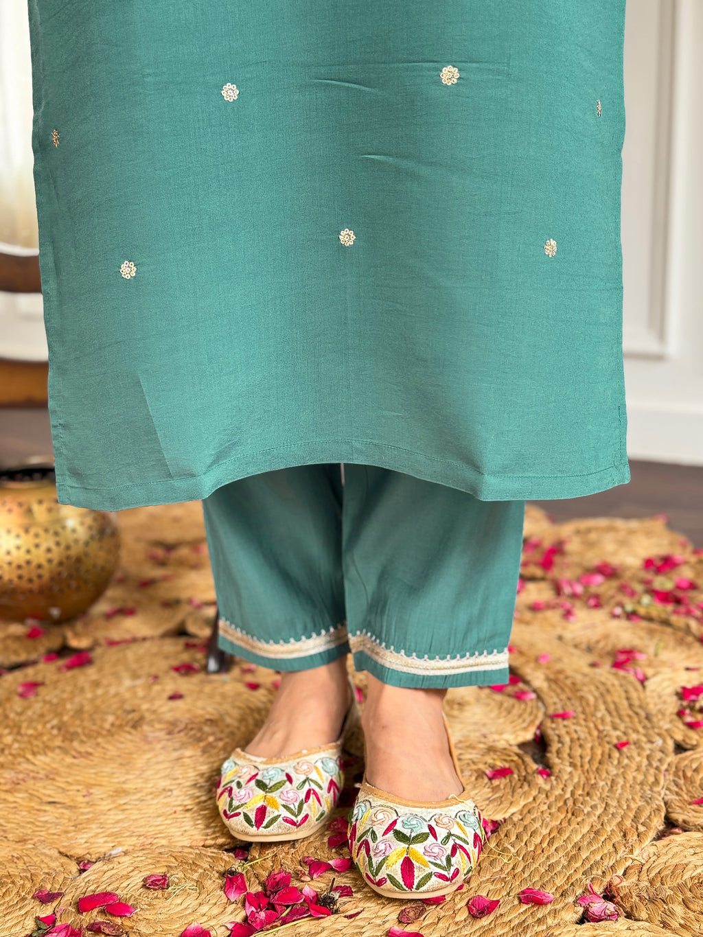 Teal Green Chanderi Embroidered Kurti Set with Pant & Dupatta for Women