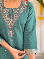 Teal Green Chanderi Embroidered Kurti Set with Pant & Dupatta for Women