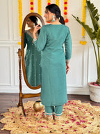 Teal Green Chanderi Embroidered Kurti Set with Pant & Dupatta for Women