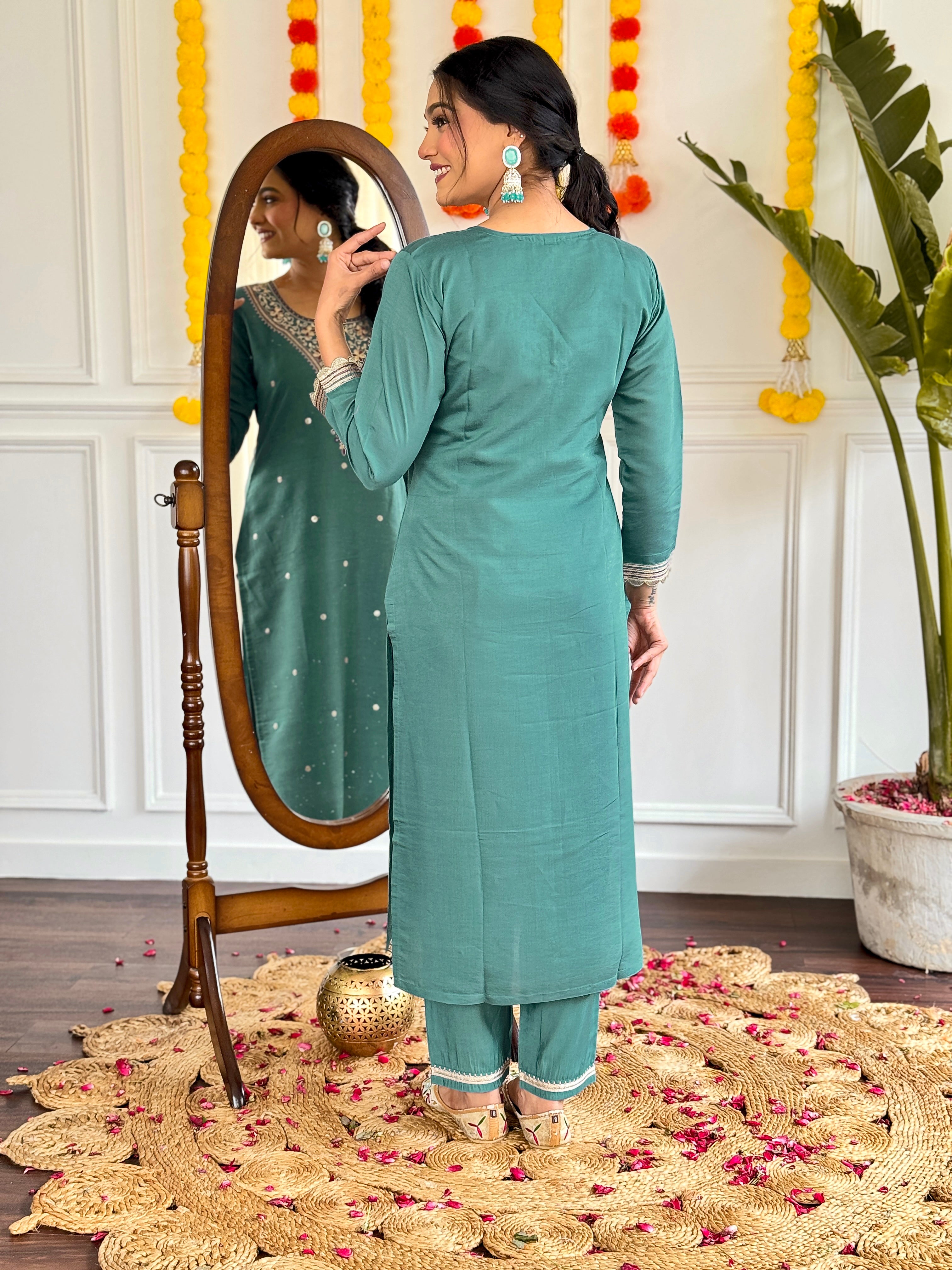 Teal Green Chanderi Embroidered Kurti Set with Pant & Dupatta for Women