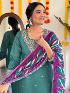 Teal Green Chanderi Embroidered Kurti Set with Pant & Dupatta for Women