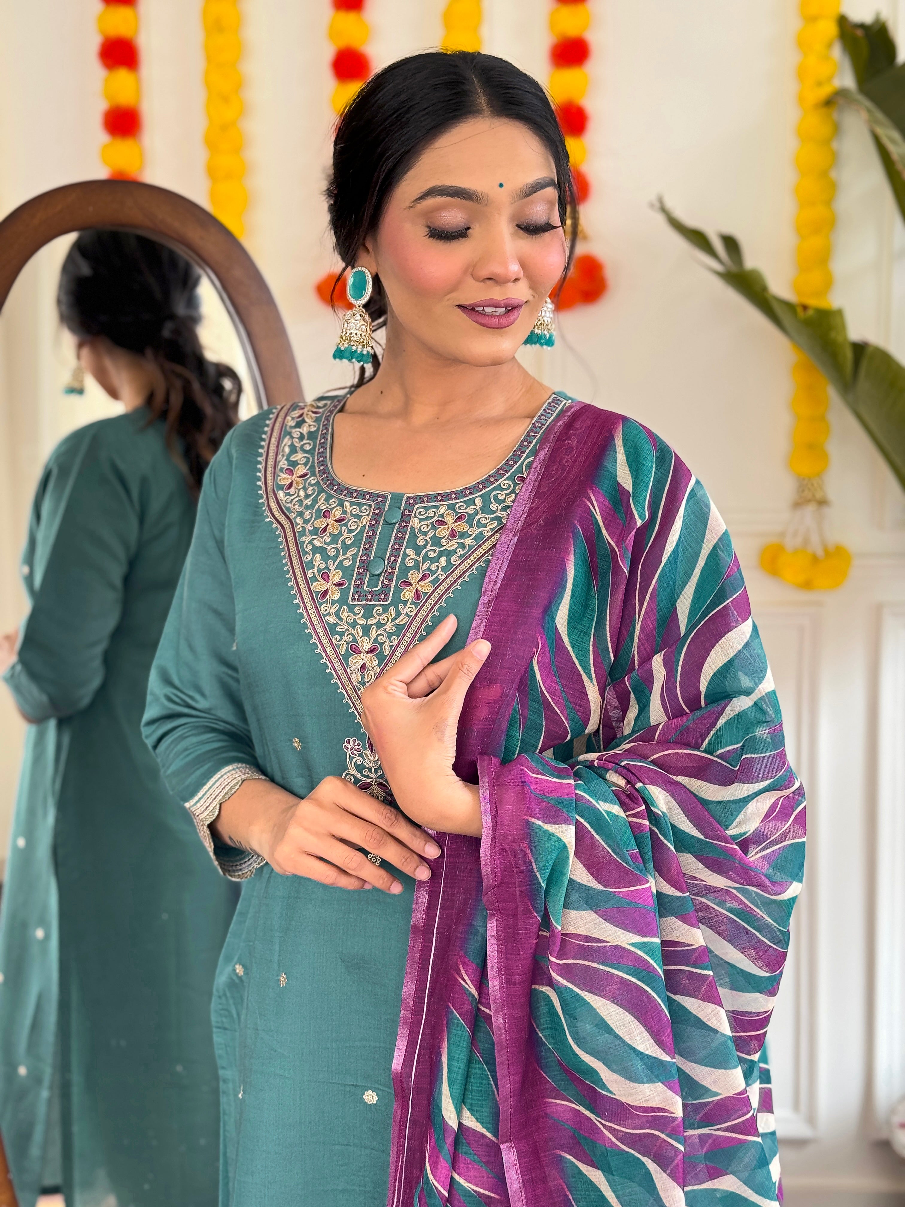 Teal Green Chanderi Embroidered Kurti Set with Pant & Dupatta for Women