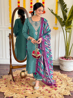 Teal Green Chanderi Embroidered Kurti Set with Pant & Dupatta for Women