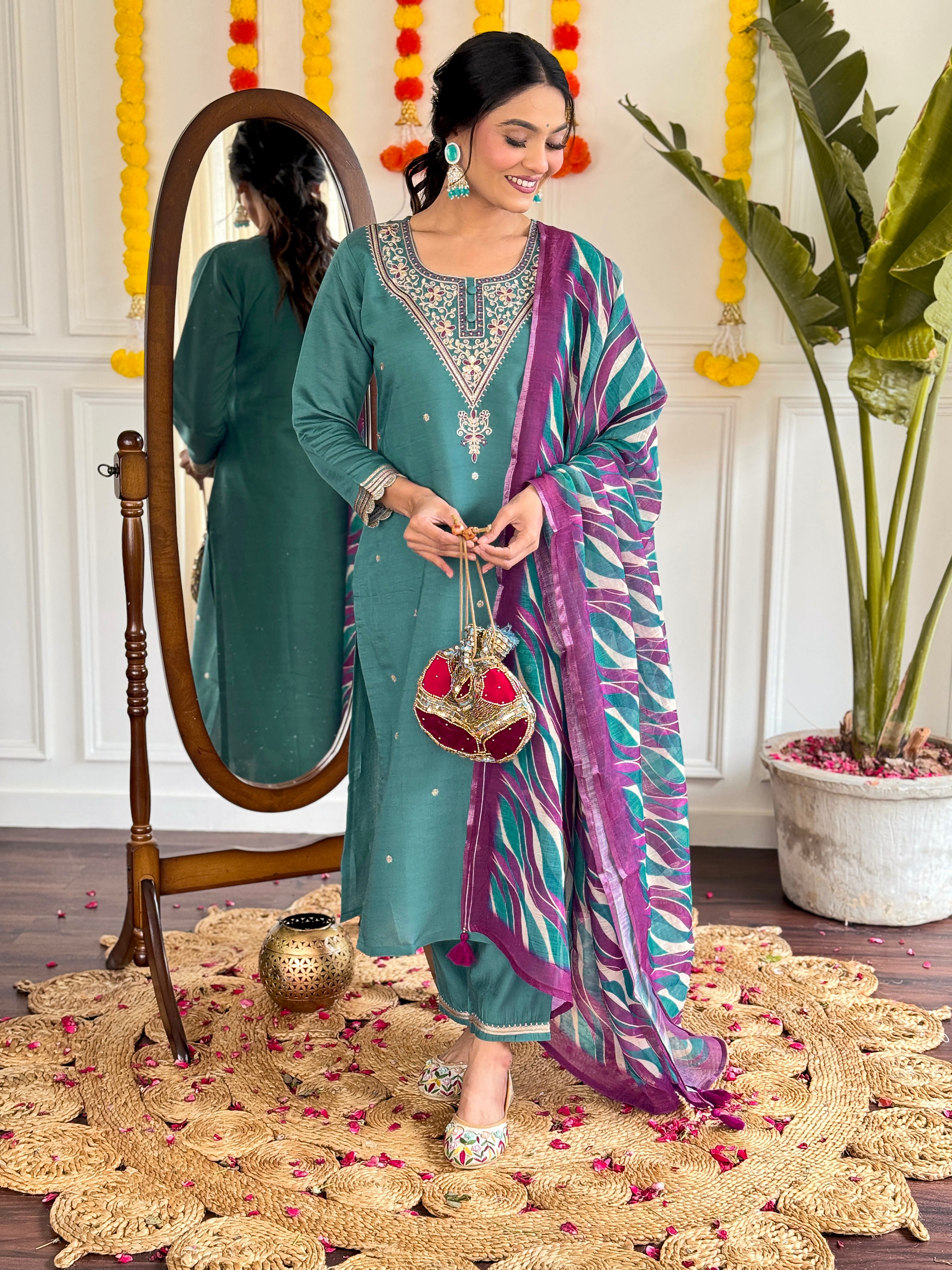 Teal Green Chanderi Embroidered Kurti Set with Pant & Dupatta for Women