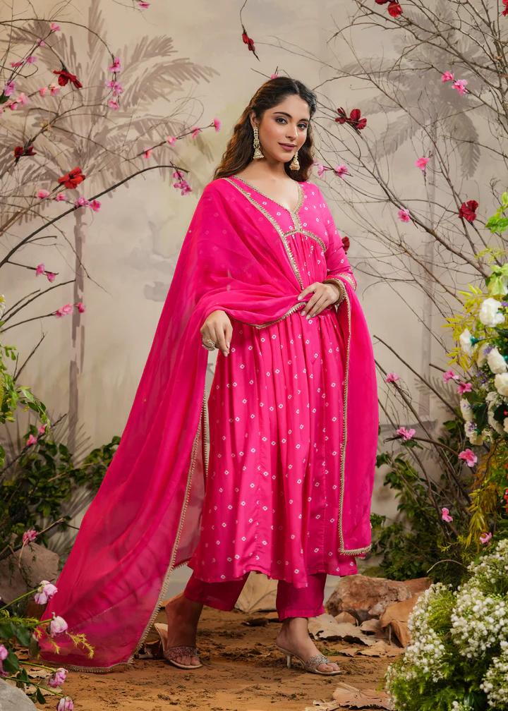 Pink Muslin Silk Embroidered Kurti Set with Pant & Dupatta for Women
