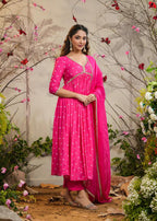 Pink Muslin Silk Embroidered Kurti Set with Pant & Dupatta for Women