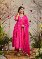 Pink Muslin Silk Embroidered Kurti Set with Pant & Dupatta for Women