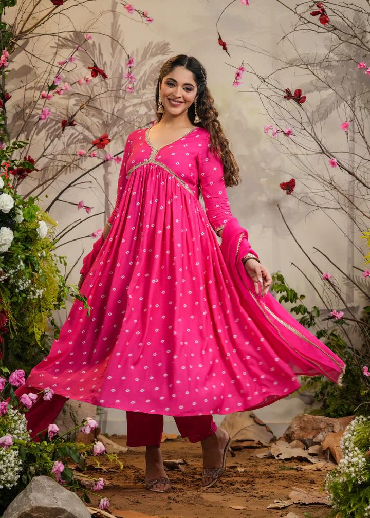 Pink Muslin Silk Embroidered Kurti Set with Pant & Dupatta for Women