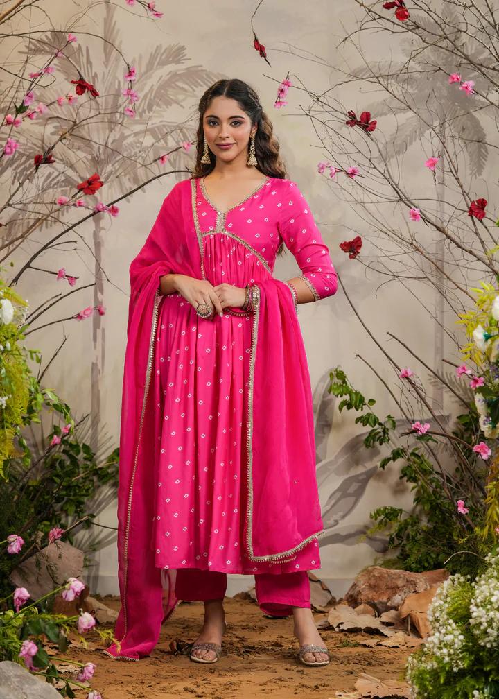 Pink Muslin Silk Embroidered Kurti Set with Pant & Dupatta for Women