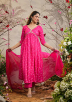 Pink Muslin Silk Embroidered Kurti Set with Pant & Dupatta for Women