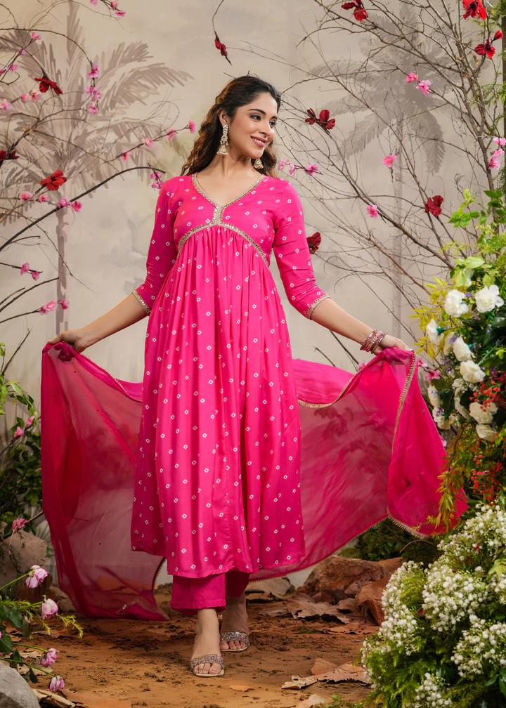 Pink Muslin Silk Embroidered Kurti Set with Pant & Dupatta for Women