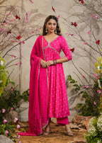 Pink Muslin Silk Embroidered Kurti Set with Pant & Dupatta for Women