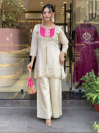 Cream & Pink Roman Silk Embroidered Co-Ord Set for Women
