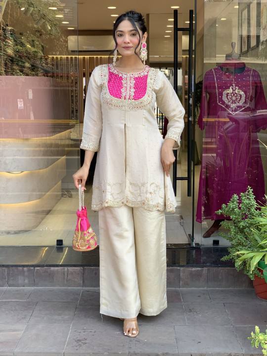 Cream & Pink Roman Silk Embroidered Co-Ord Set for Women