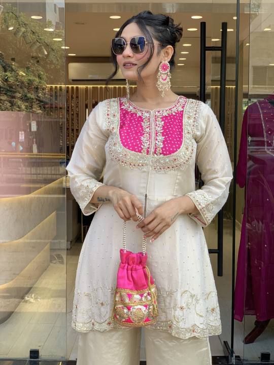 Cream & Pink Roman Silk Embroidered Co-Ord Set for Women