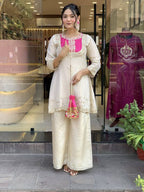 Cream & Pink Roman Silk Embroidered Co-Ord Set for Women