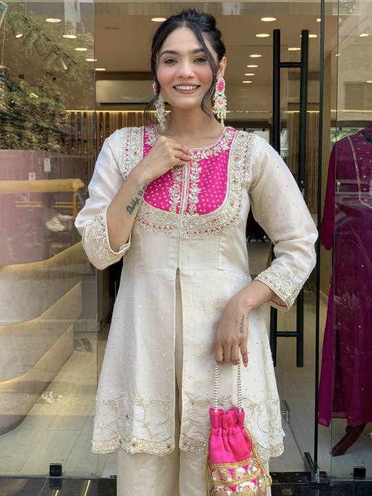 Cream & Pink Roman Silk Embroidered Co-Ord Set for Women