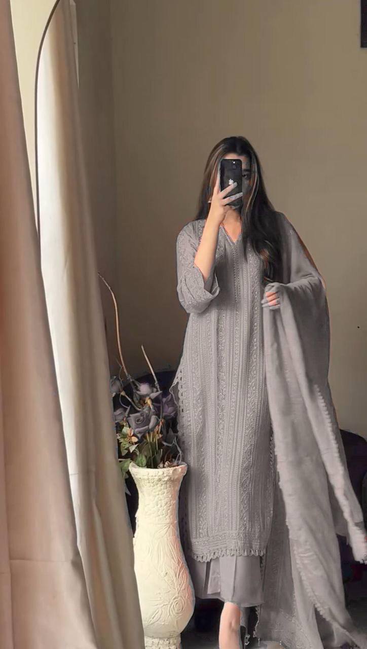 Grey Chinon Thread Embroidered Kurti Set with Pant & Dupatta for Women