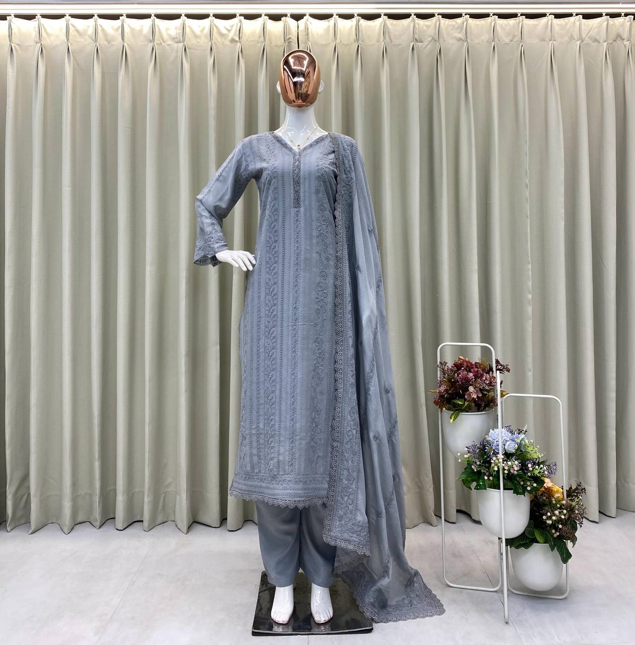 Grey Chinon Thread Embroidered Kurti Set with Pant & Dupatta for Women