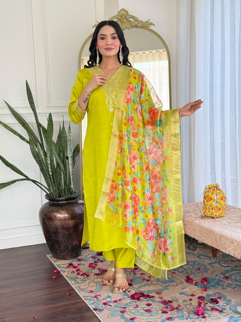 Lime Yellow Viscose Chanderi Embroidered Kurti Set with Pant & Dupatta for Women