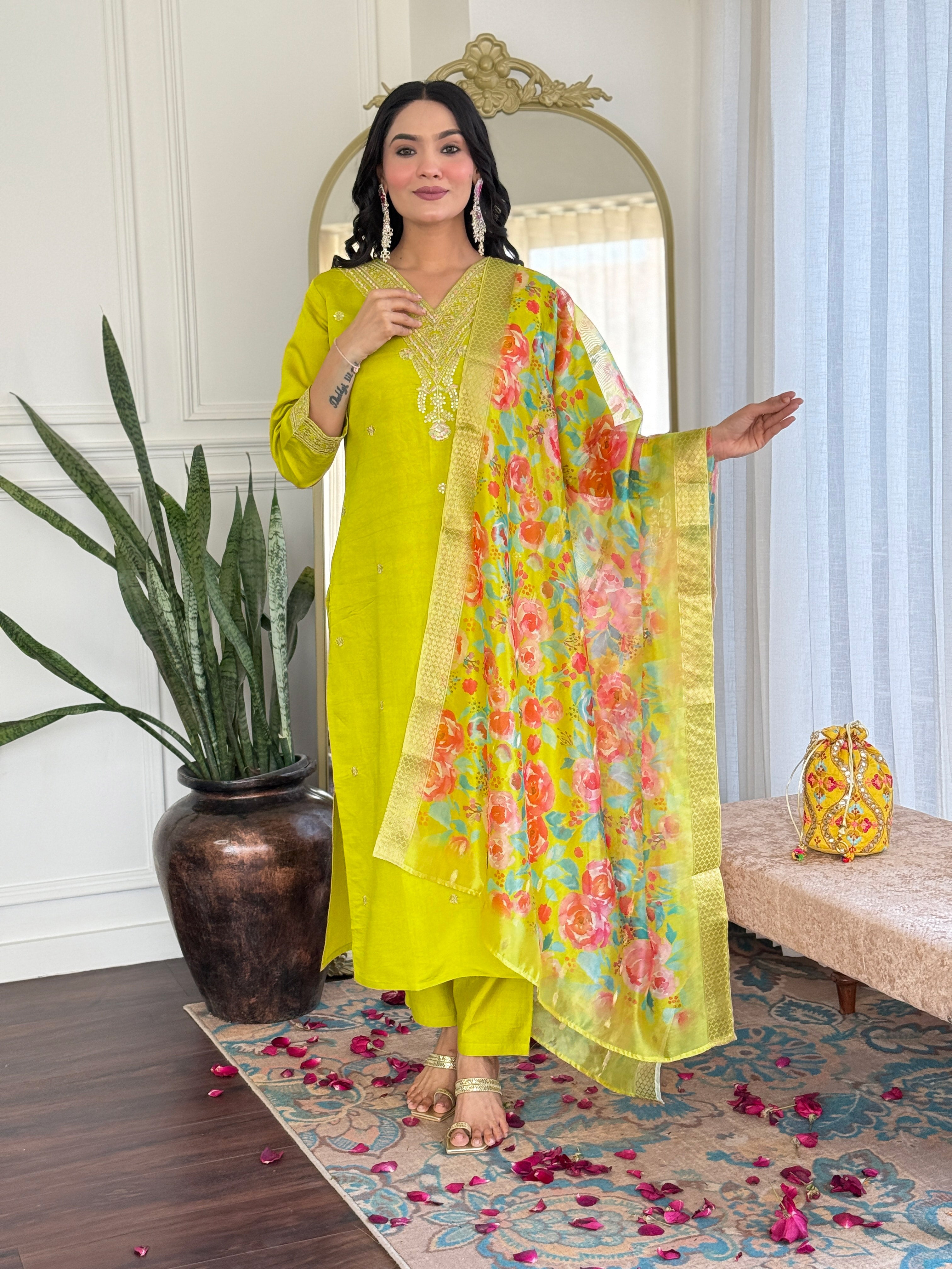 Lime Yellow Viscose Chanderi Embroidered Kurti Set with Pant & Dupatta for Women