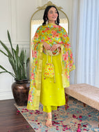 Lime Yellow Viscose Chanderi Embroidered Kurti Set with Pant & Dupatta for Women